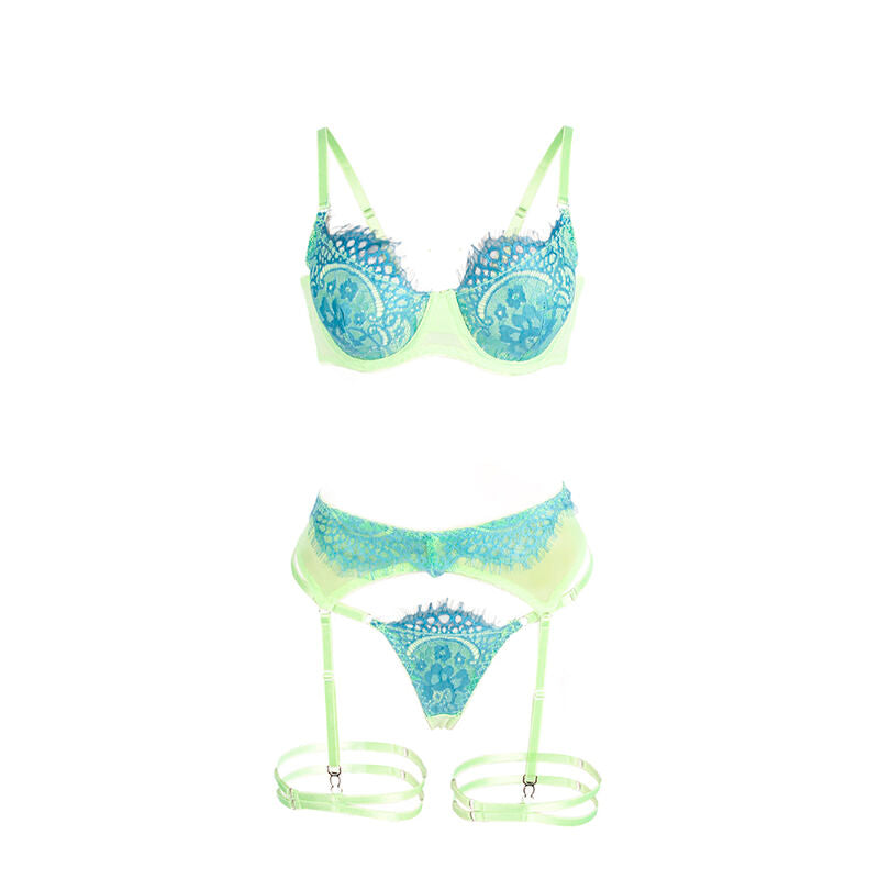 SUBBLIME - 955328 BRA SET WITH LACE AND GARTER LINES GREEN AND BLUE L/XL - NOCTURNA DESIRES