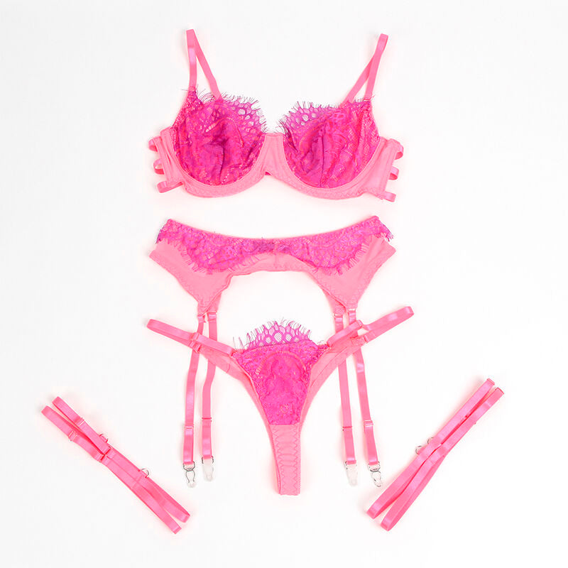 SUBBLIME - 955359 SET OF BRA WITH LACE AND GARTER LINKS PINK AND PURPLE S/M - NOCTURNA DESIRES