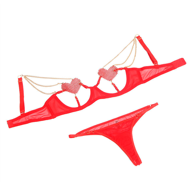 SUBBLIME - 955526 BRA SET WITH CHAINS AND MESH HEART RED L/XL - NOCTURNA DESIRES