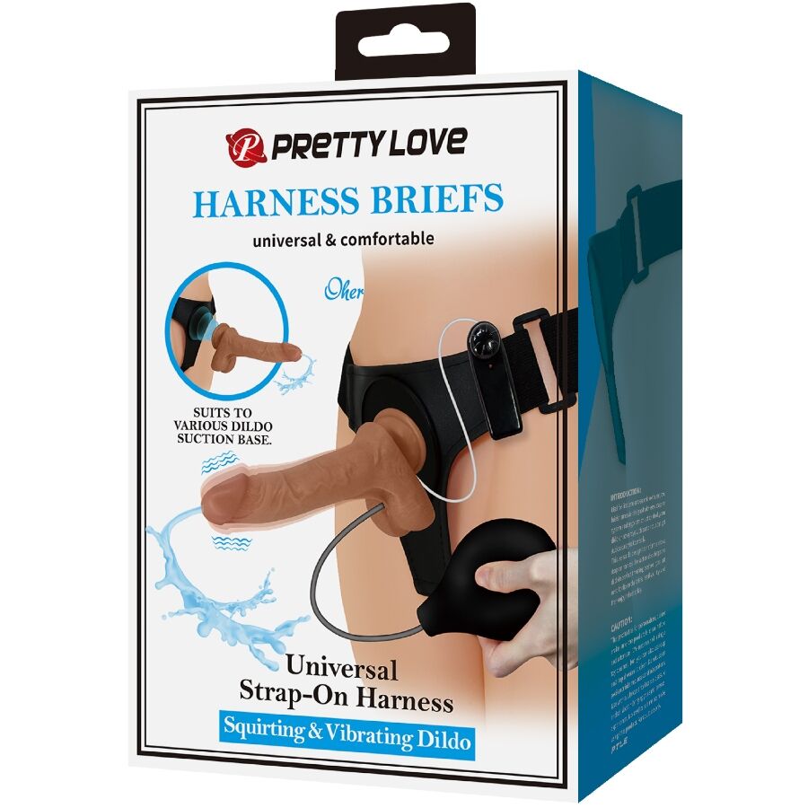 PRETTY LOVE - UNIVERSAL HARNESS BRIEFS WITH VIBRATING AND SQUIRTING DILDO 15.5 CM MULATO - NOCTURNA DESIRES