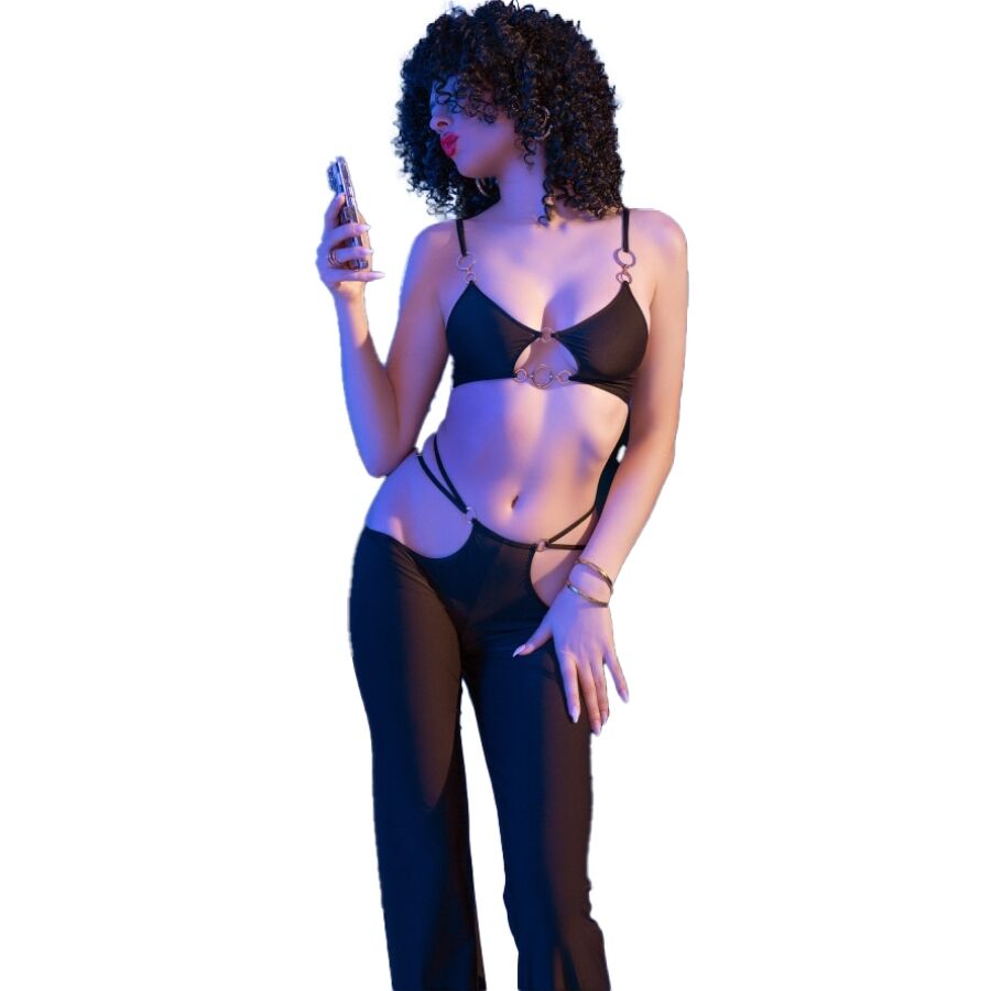 CHILIROSE - CR 4851 BLACK TOP AND LEGGINGS SET WITH GOLDEN ACCESSORIES L - NOCTURNA DESIRES