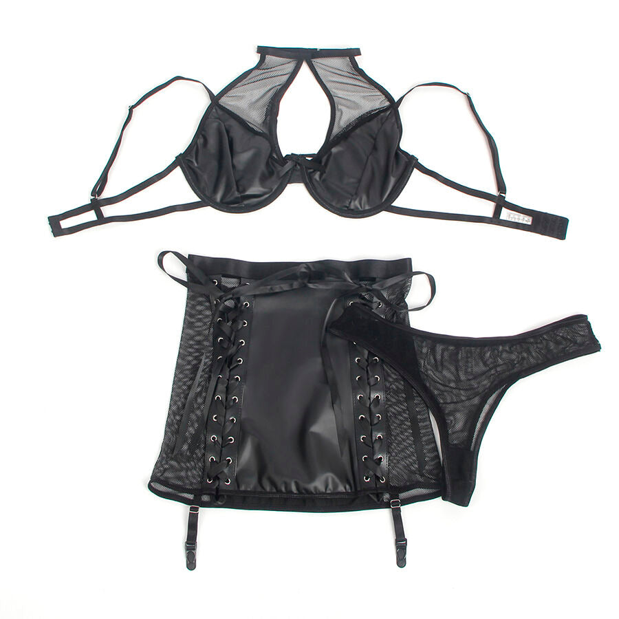 SUBBLIME - 957599 LEATHER BRA AND SKIRT SET BLACK L/XL - NOCTURNA DESIRES