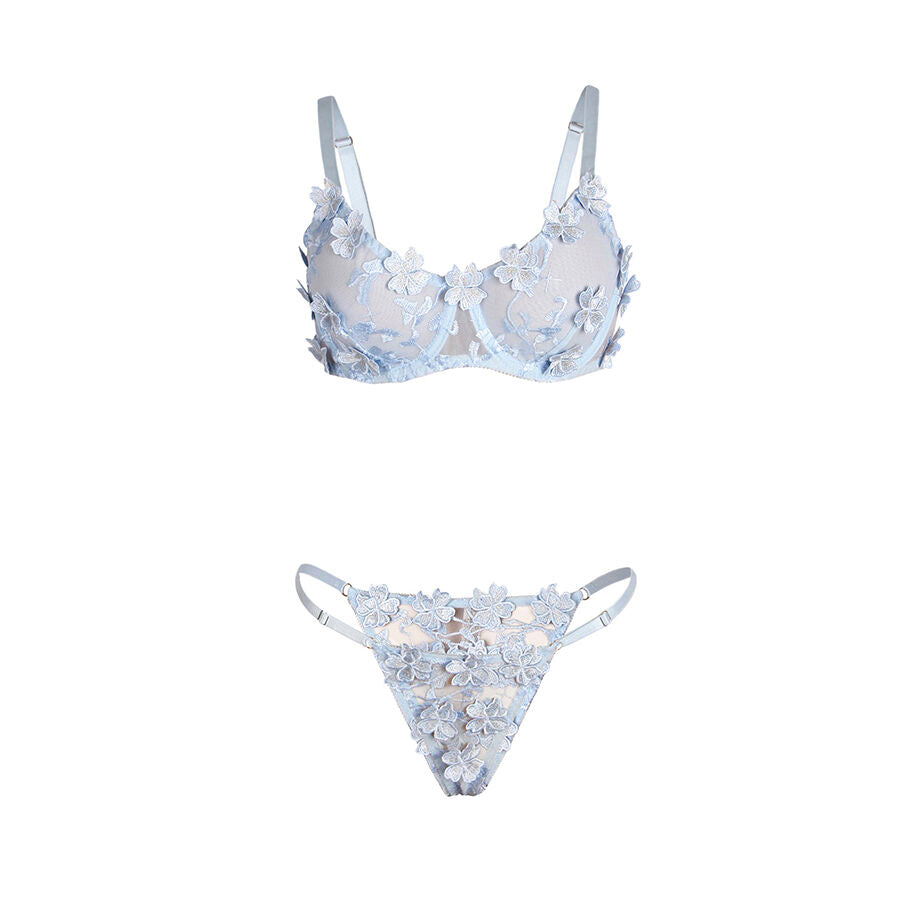 SUBBLIME - 957629  FLOWER EMBROIDERED BRA AND PANTIES SET SKY BLUE S/M - NOCTURNA DESIRES