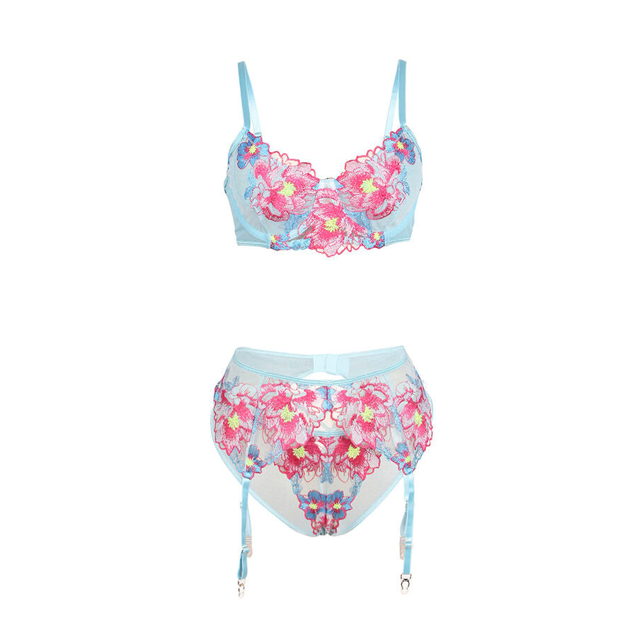 SUBBLIME - 957643 FLOWER EMBROIDERED BRA AND GARTER BELT SET PINK S/M - NOCTURNA DESIRES