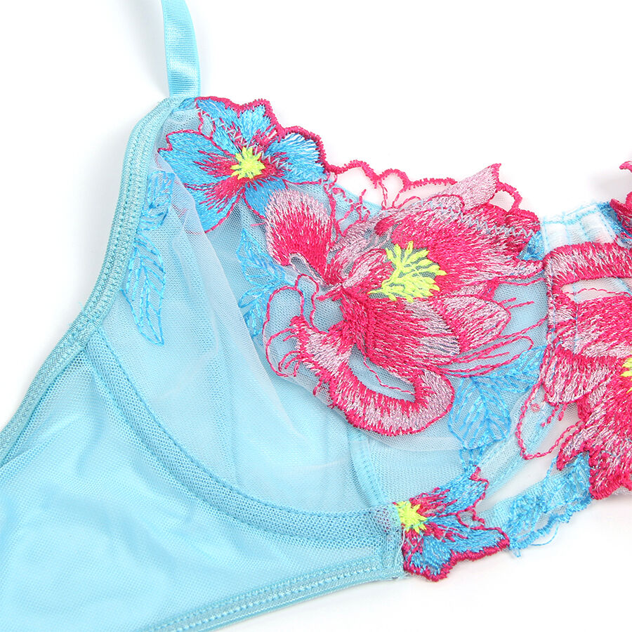 SUBBLIME - 957650 FLOWER EMBROIDERED BRA AND GARTER BELT SET PINK L/XL - NOCTURNA DESIRES