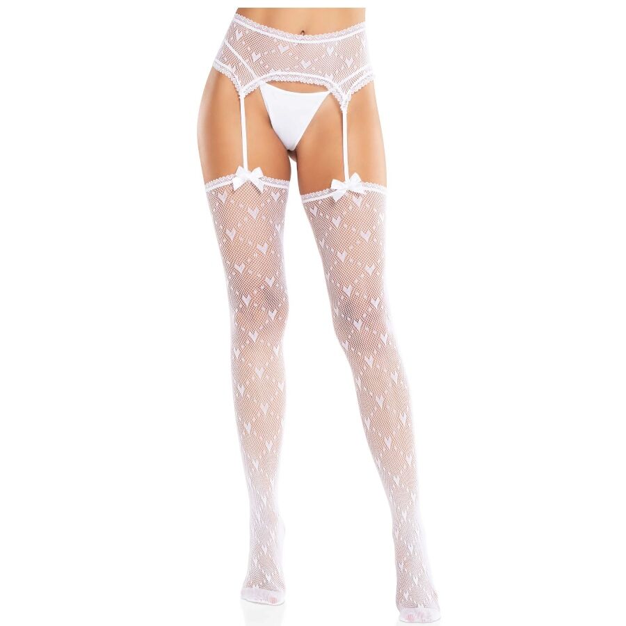 LEG AVENUE - HEART STOCKINGS WITH GARTERS WHITE - NOCTURNA DESIRES