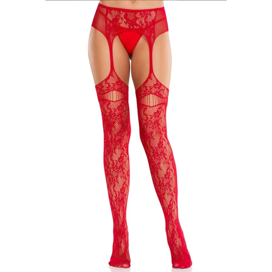 LEG AVENUE - LACE STOCKINGS WITH GARTERS RED - NOCTURNA DESIRES