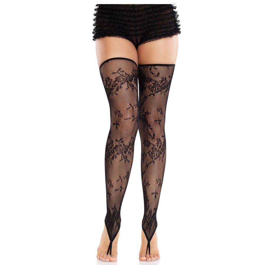 LEG AVENUE - FLORAL LACE FOOTLESS STOCKINGS BLACK - NOCTURNA DESIRES