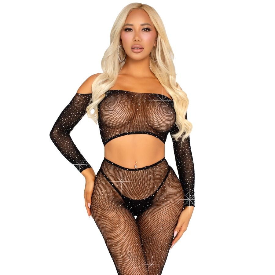 LEG AVENUE - CROP TOP AND FISHNET LEGGING WITH RHINESTONES BLACK - NOCTURNA DESIRES