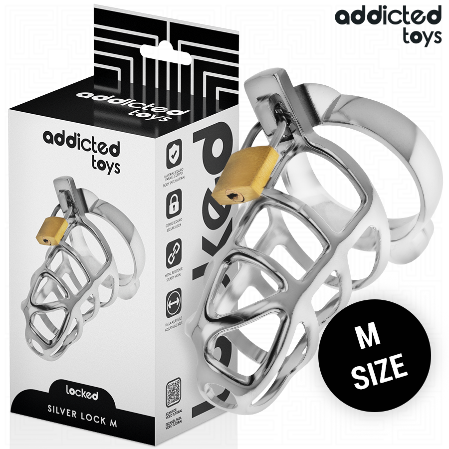 ADDICTED TOYS LOCKED - SILVER LOCK PENIS CAGE METAL SIZE M - NOCTURNA DESIRES