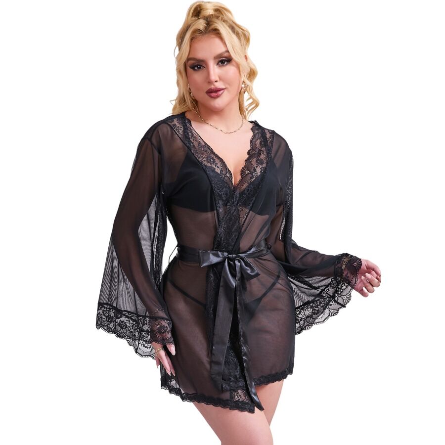 SUBBLIME - TRANSPARENT FABRIC ROBE WITH LACE DETAIL BLACK S/M - NOCTURNA DESIRES