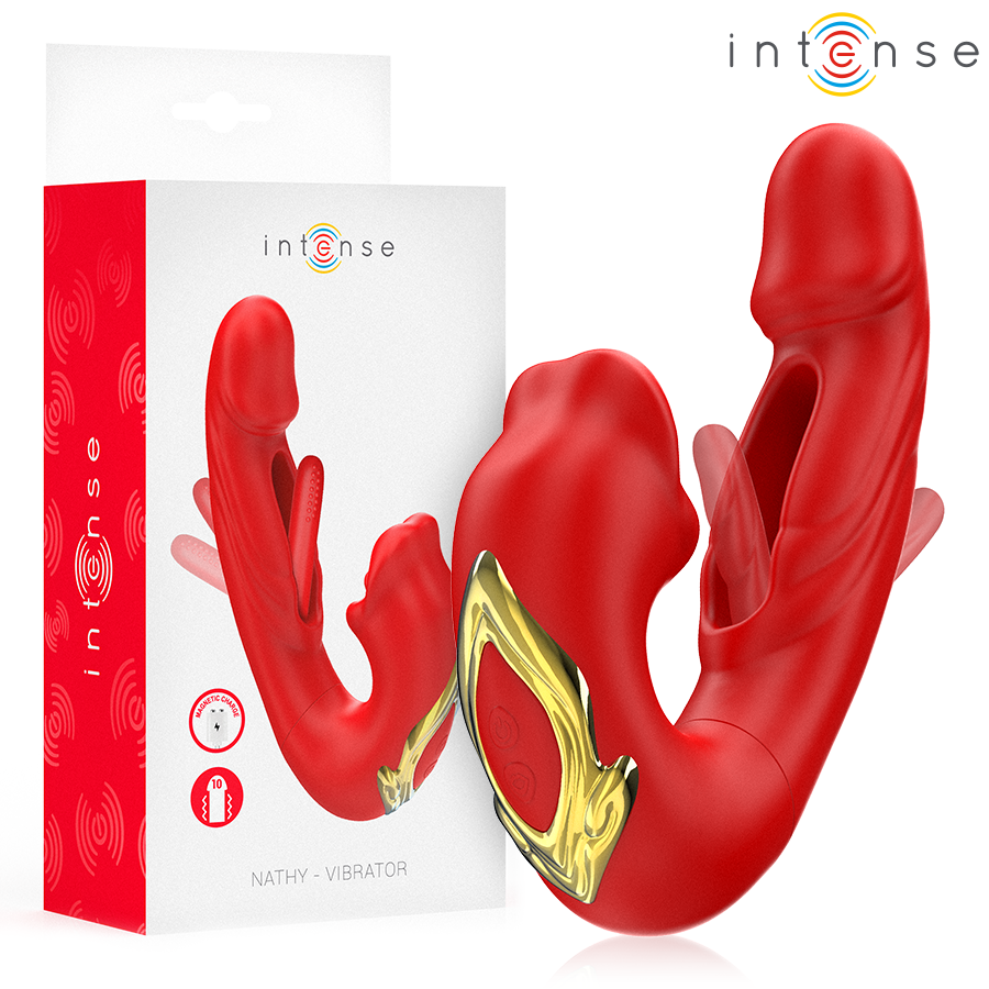 INTENSE - NATHY DOUBLE VIBRATOR WITH MULTIFUNCTION STIMULATING MOUTH RED - NOCTURNA DESIRES
