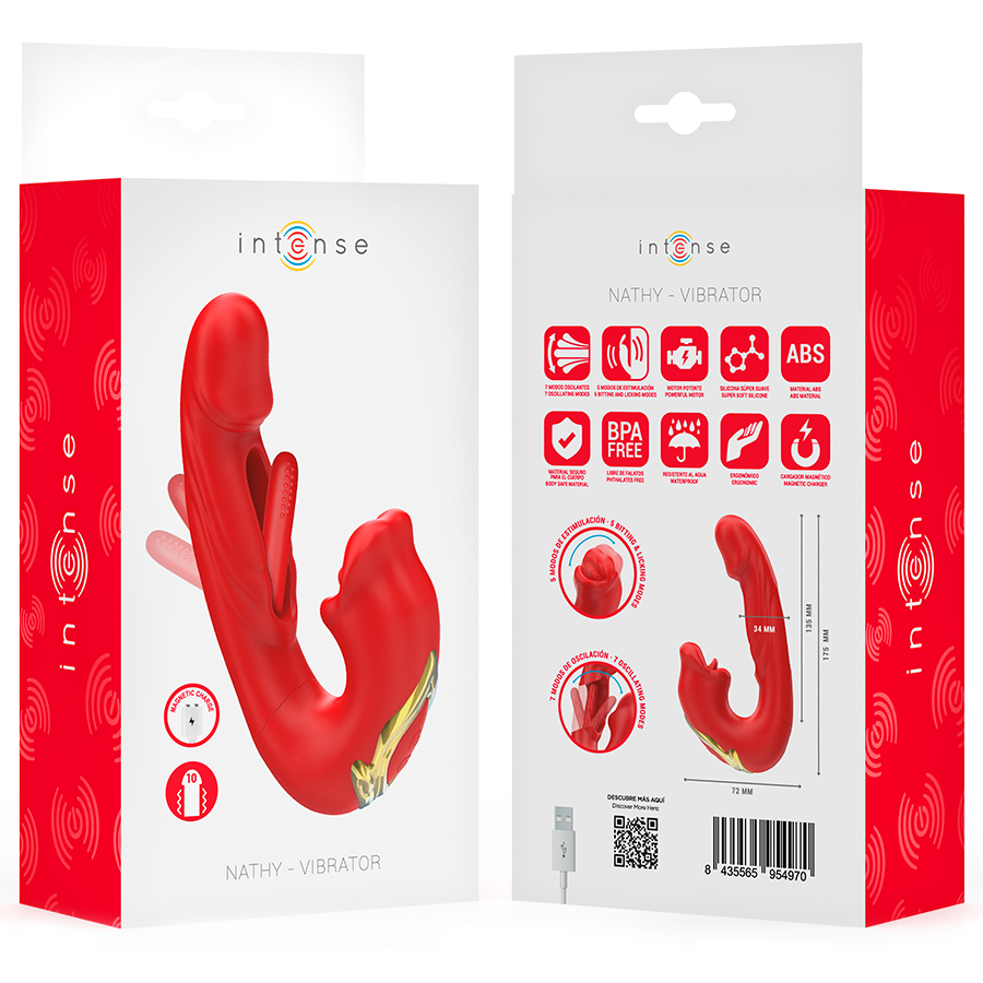 INTENSE - NATHY DOUBLE VIBRATOR WITH MULTIFUNCTION STIMULATING MOUTH RED - NOCTURNA DESIRES
