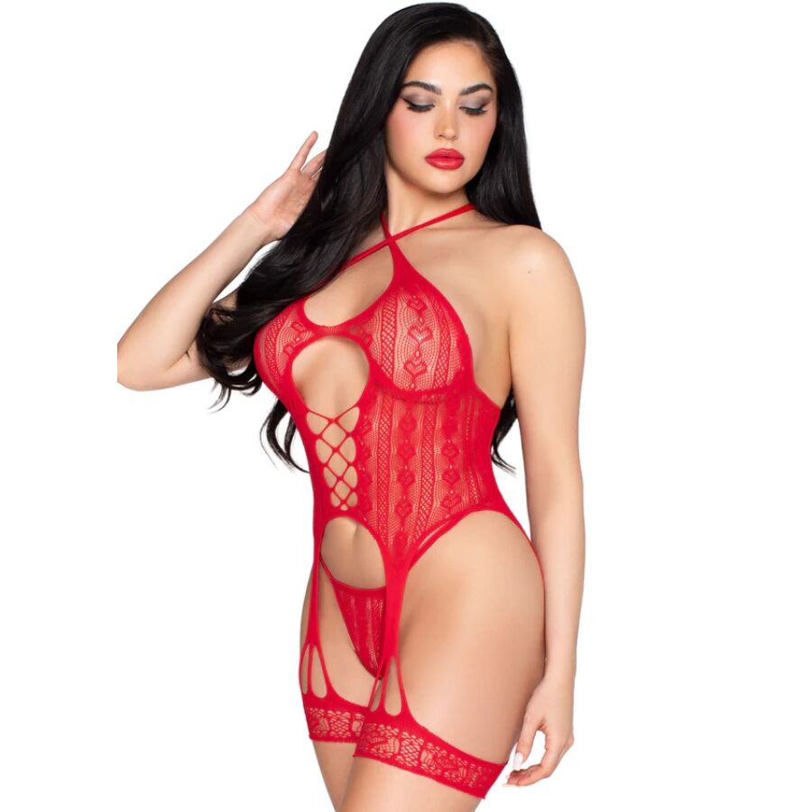 LEG AVENUE - 89338 LACE OPEN BODYSUIT WITH GARTER BELT + THONG RED - ONE SIZE - NOCTURNA DESIRES