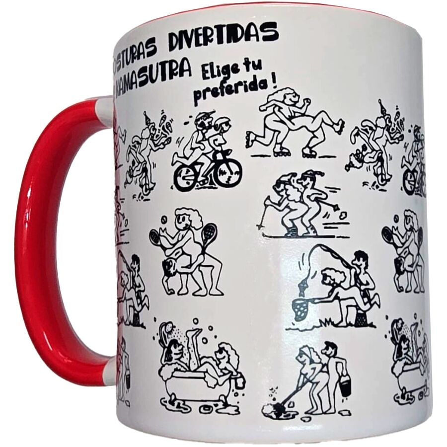 DIABLO PICANTE - WHITE KAMASUTRA POSITIONS MUG WITH RED HANDLE 370 ML - NOCTURNA DESIRES