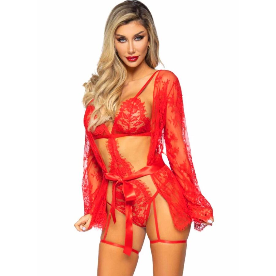 LEG AVENUE - 86123 TEDDY + GARTER ROBE SET RED SIZE M - NOCTURNA DESIRES