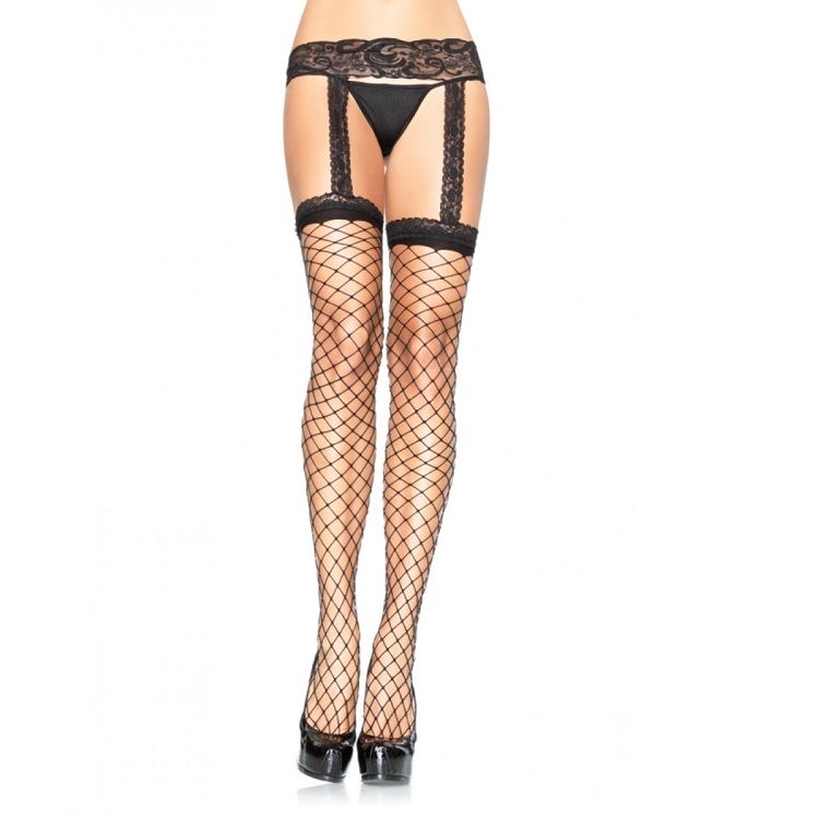 LEG AVENUE - FISHNET STOCKINGS WITH BLACK LACE GARTER GARTER - NOCTURNA DESIRES