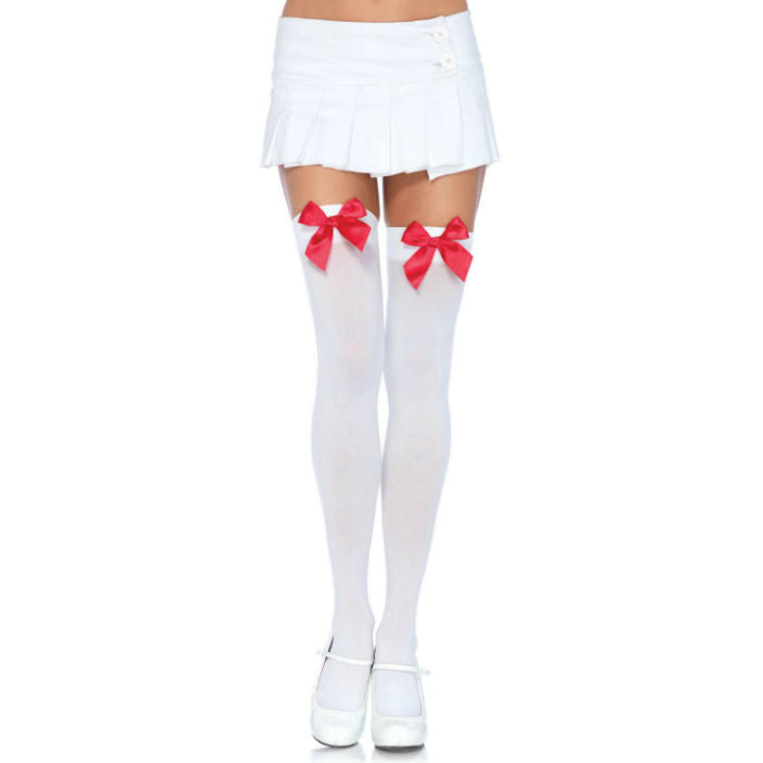 LEG AVENUE - NYLON THIGH HIGHS WITH BOW WHITE / RED LEG AVENUE HOSIERY  NOCTURNA DESIRES