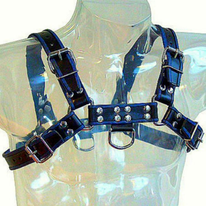 LEATHER BODY - BLUE AND BLACK LEATHER HARNESS CHEST BULLDOG - NOCTURNA DESIRES