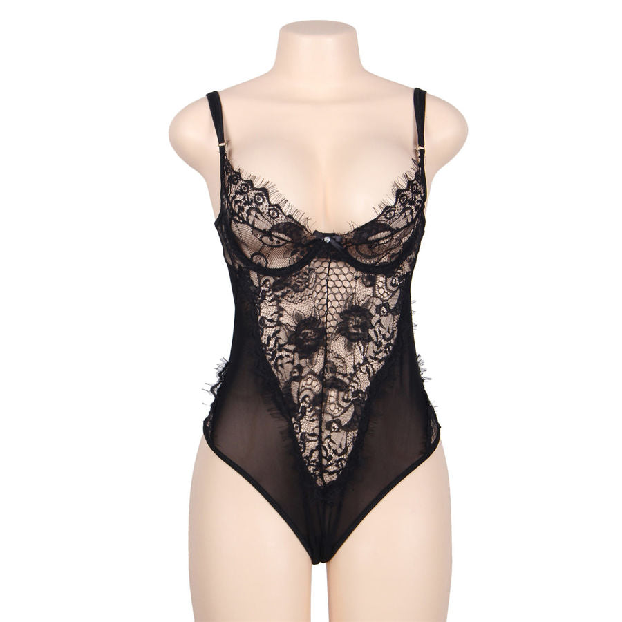 SUBBLIME - QUEEN PLUS FLORAL LACE AND FRINGED BLACK TEDDY - NOCTURNA DESIRES
