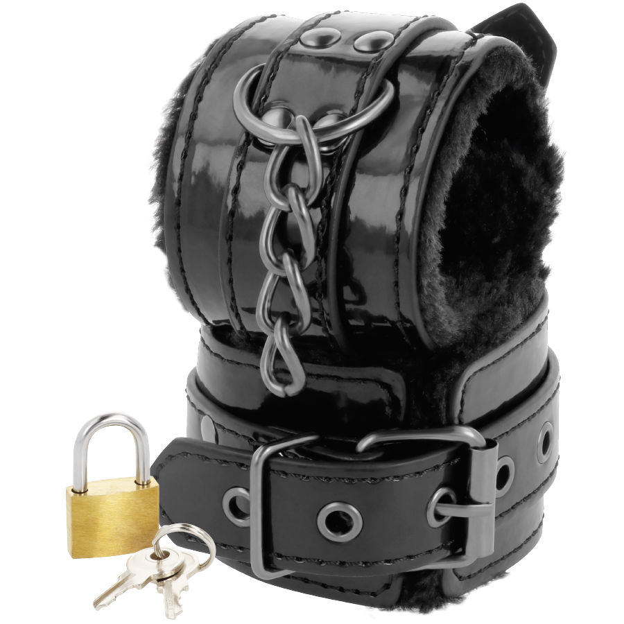 DARKNESS - BLACK ADJUSTABLE LEATHER HANDCUFFS WITH PADLOCK - NOCTURNA DESIRES