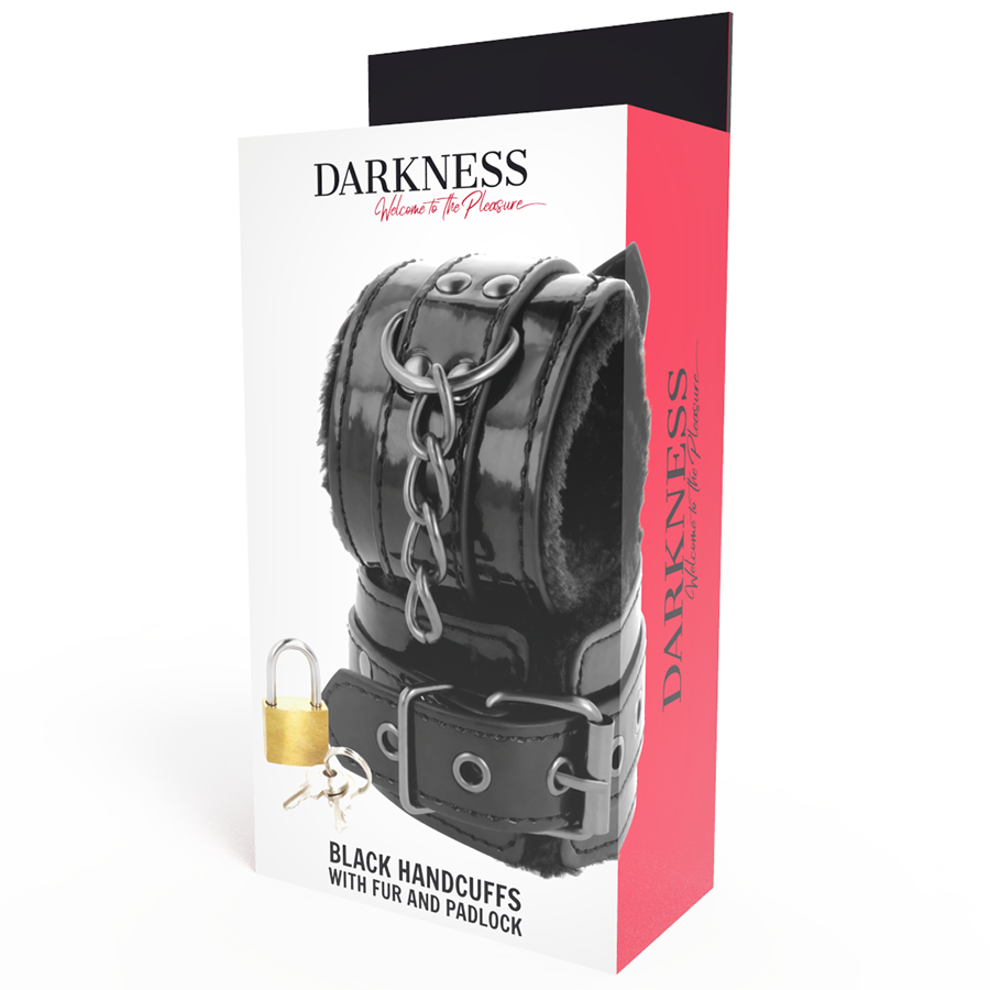 DARKNESS - BLACK ADJUSTABLE LEATHER HANDCUFFS WITH PADLOCK - NOCTURNA DESIRES