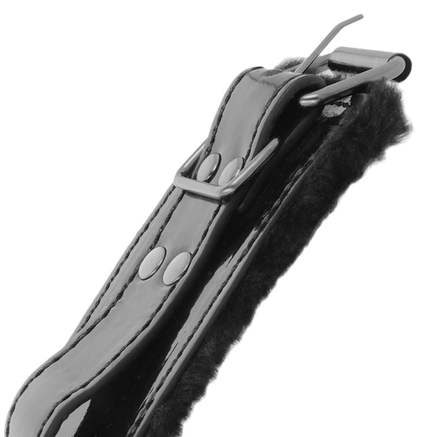 DARKNESS - ADJUSTABLE BLACK LEATHER ANKLE HANDCUFFS WITH PADLOCK - NOCTURNA DESIRES