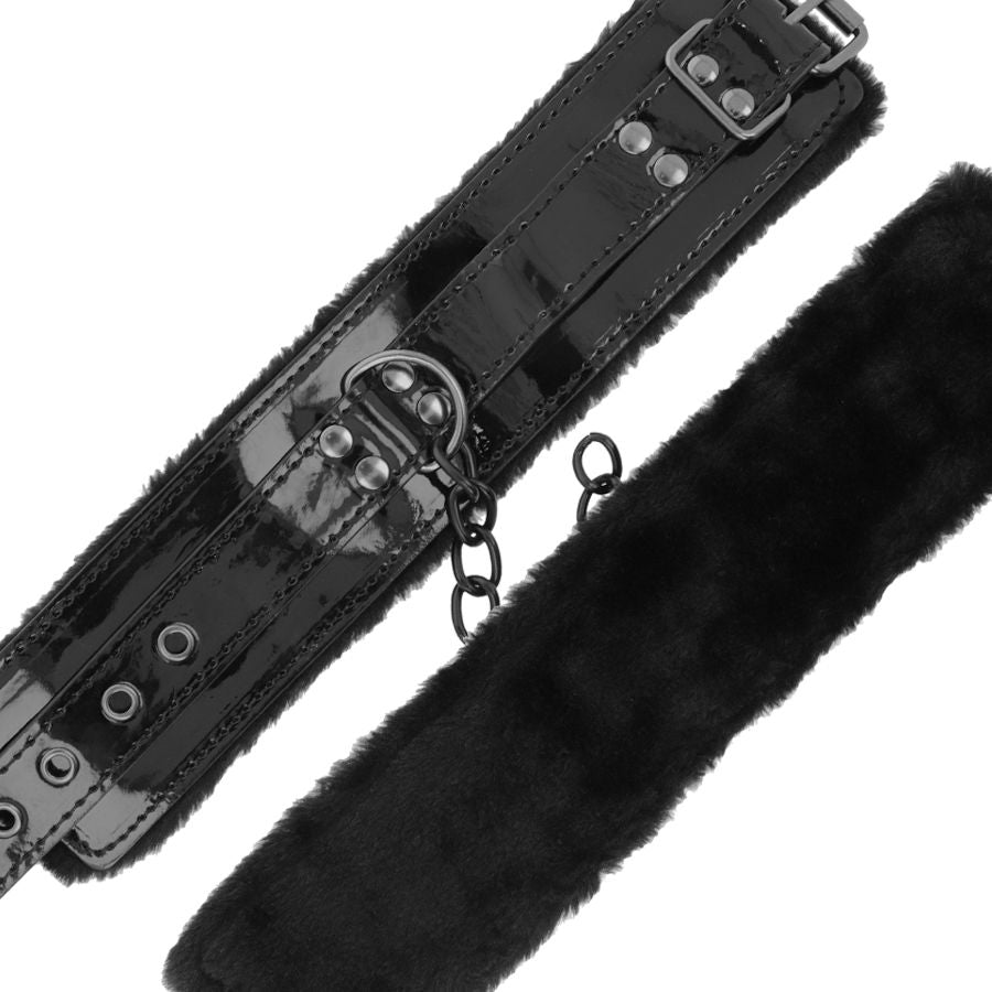 DARKNESS - ADJUSTABLE BLACK LEATHER ANKLE HANDCUFFS WITH PADLOCK - NOCTURNA DESIRES