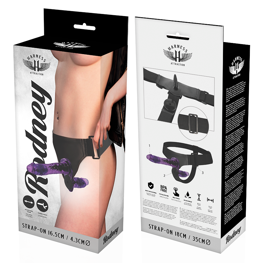 HARNESS ATTRACTION - RODNEY DOUBLE PENETRACI N VIBRATOR 18 CM -O- 3.5 CM - NOCTURNA DESIRES