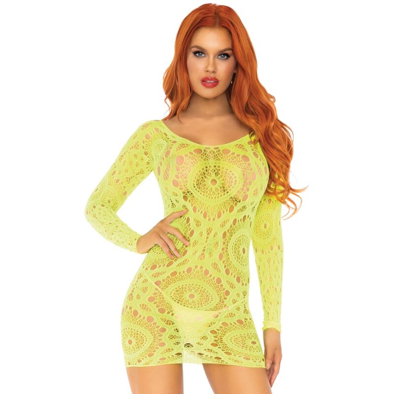 LEG AVENUE - CROCHET LACE LONG SLEEVE MINI DRESS NEON ONE SIZE - NOCTURNA DESIRES