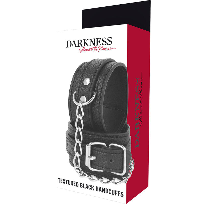 DARKNESS - BLACK TEXTURED LEATHER HANDCUFFS - NOCTURNA DESIRES