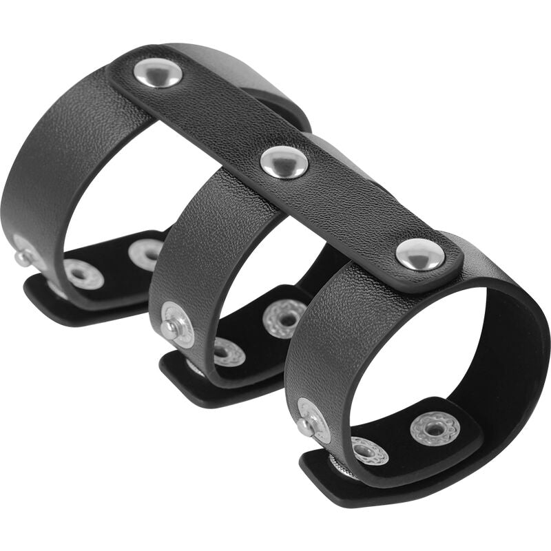 DARKNESS - ADJUSTABLE LEATHER DOUBLE PENIS AND TESTICLE RING - NOCTURNA DESIRES