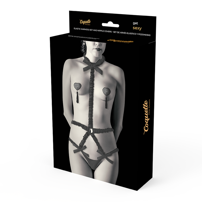 COQUETTE CHIC DESIRE - ELASTIC HARNESS SET AND NIPPLE COVERS BLACK - NOCTURNA DESIRES