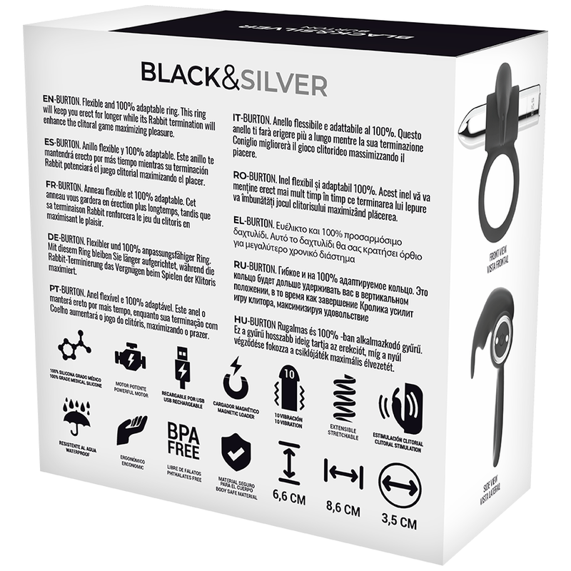 BLACK&SILVER - BURTON RECHARGEABLE RING 10 VIBRATION MODES - NOCTURNA DESIRES