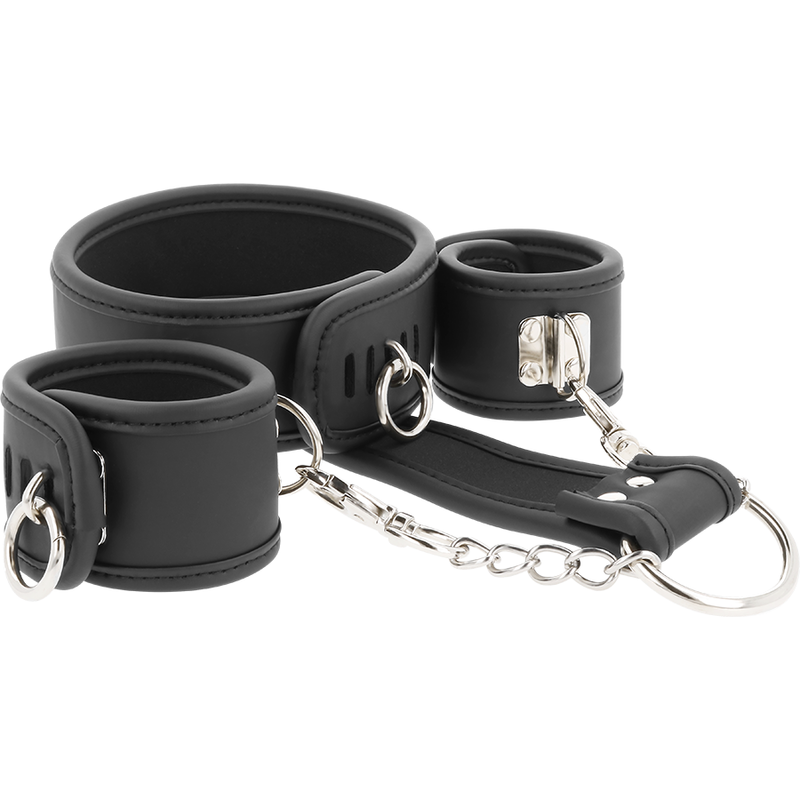 FETISH SUBMISSIVE - VEGAN LEATHER NECKLACE AND HANDCUFFS WITH NOPRENE LINING FETISH SUBMISSIVE BONDAGE  NOCTURNA DESIRES