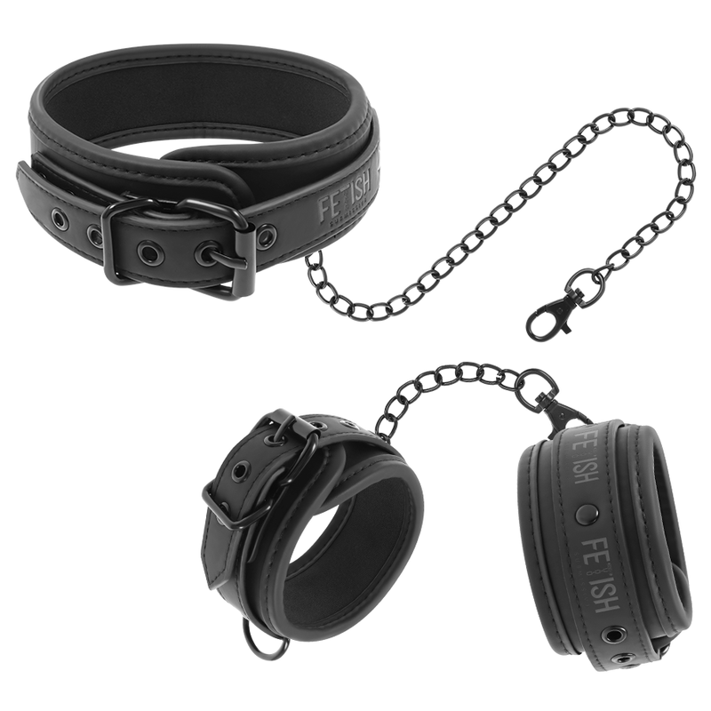 FETISH SUBMISSIVE - VEGAN LEATHER NECKLACE AND HANDCUFFS WITH NOPRENE LINING FETISH SUBMISSIVE BONDAGE  NOCTURNA DESIRES